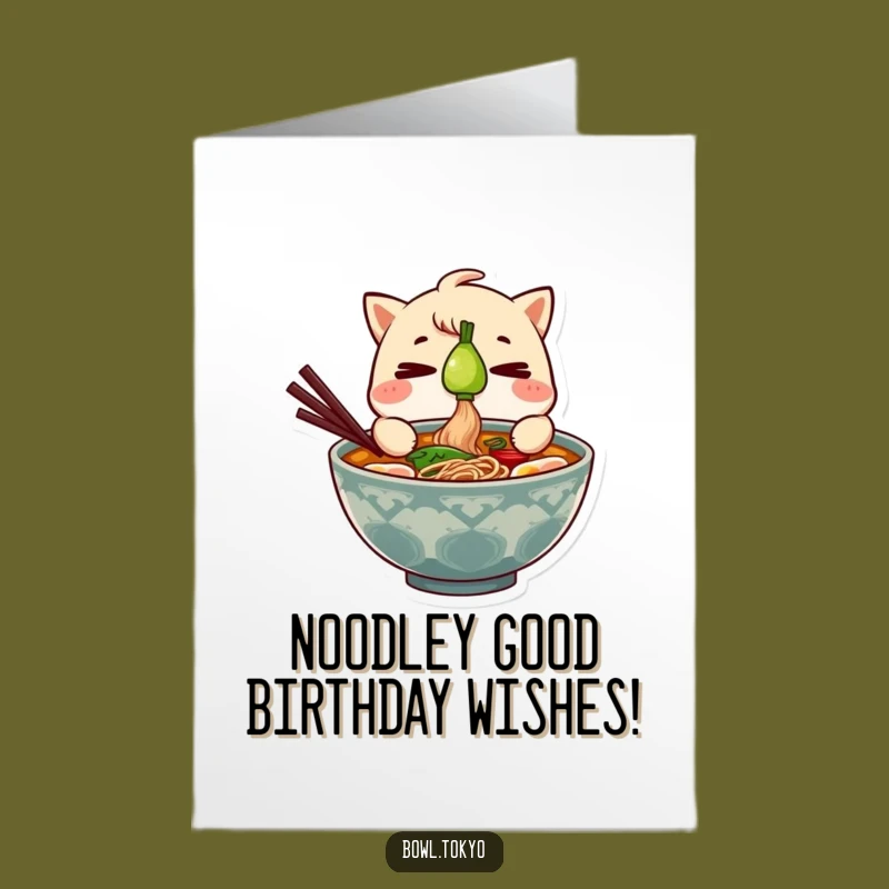 Free Printable Ramen Birthday Card: Focused Noodle Guy Balancing Green Onion Funny Downloadable Gift