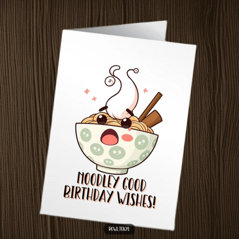 Funny free printable birthday card featuring a surprised ramen bowl character with wild steam erupting in a chaotic, comical pattern.