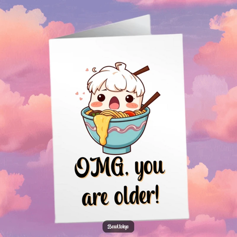 Funny Free Printable Happy Birthday Card: Surprised ramen bowl character with noodles dramatically splashing outwards.