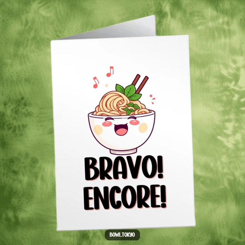 Funny free printable congratulations card featuring a happy ramen bowl character singing its heart out, surrounded by musical notes.