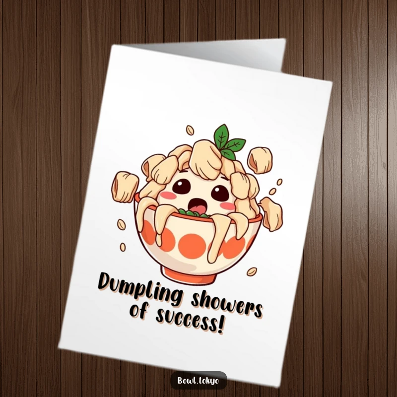 Funny Free Printable Congratulations Card: Surprised ramen bowl character showered with falling dumplings in celebration.