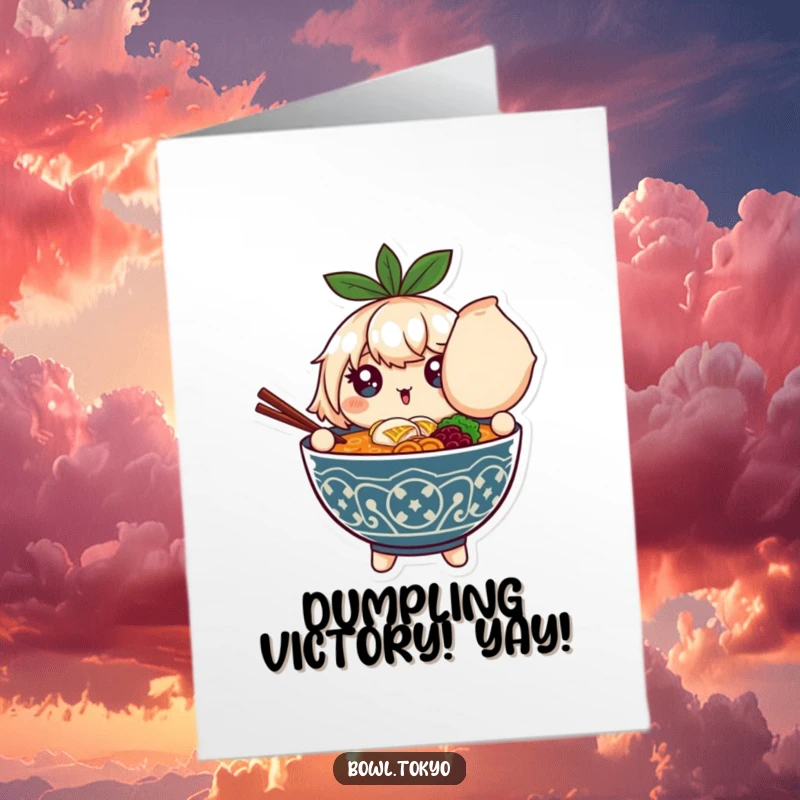 Free Printable Congratulations Card: Sparkling ramen bowl character holding a giant dumpling, celebrating achievement with glee.