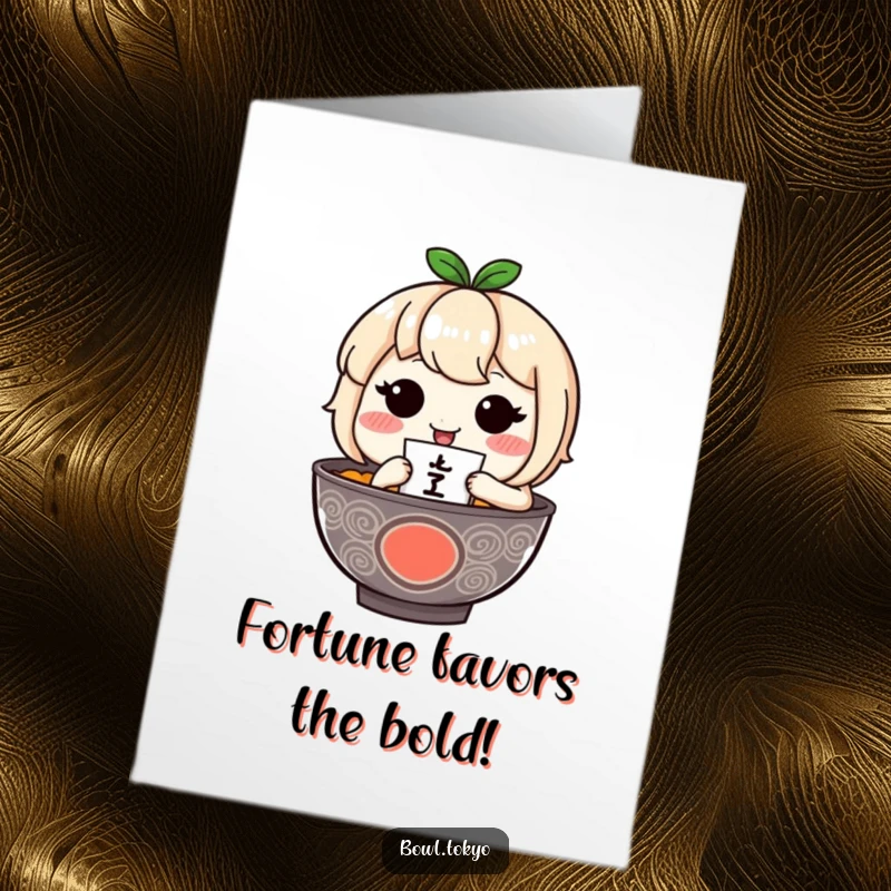 Funny Free Printable Congratulations Card: Blushing ramen character presenting a tiny fortune teller, signaling great news!
