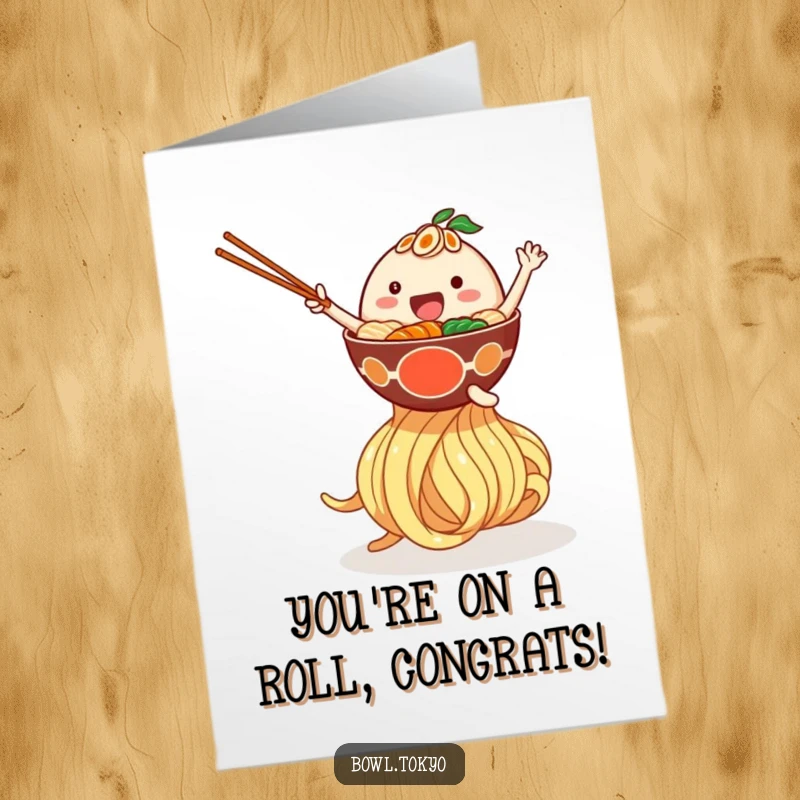 Funny Free Printable Congratulations Card: A ramen bowl character happily bouncing on a giant noodle to celebrate.