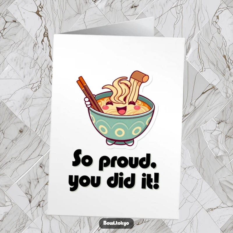 Funny Free Printable Congratulations Card: Smiling ramen bowl character extending a chopstick as a cheerful greeting.