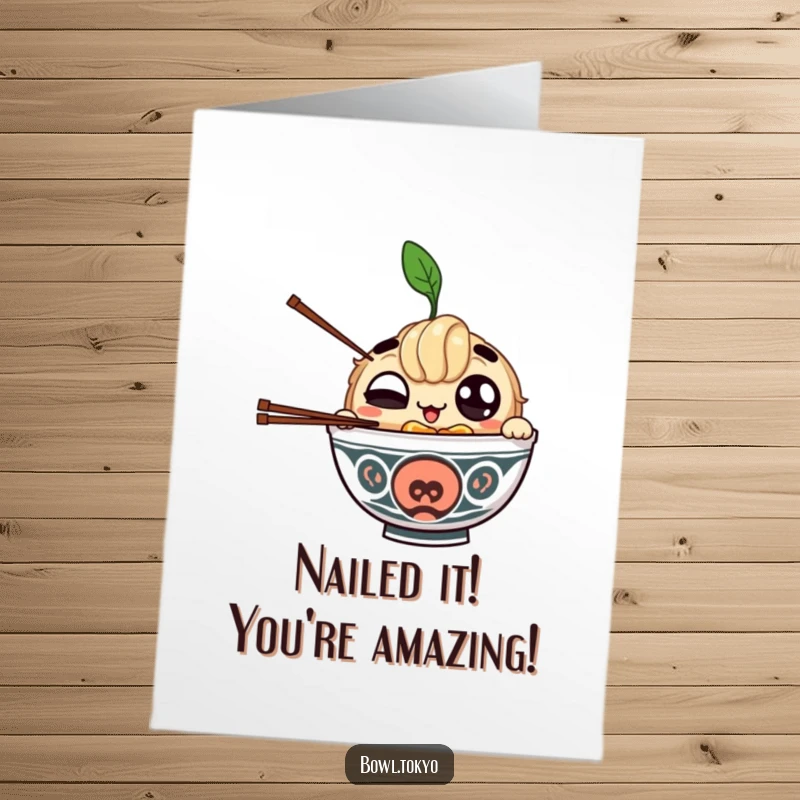 Funny Free Printable Congratulations Card: Winking ramen bowl character expertly juggling chopsticks to celebrate achievements.