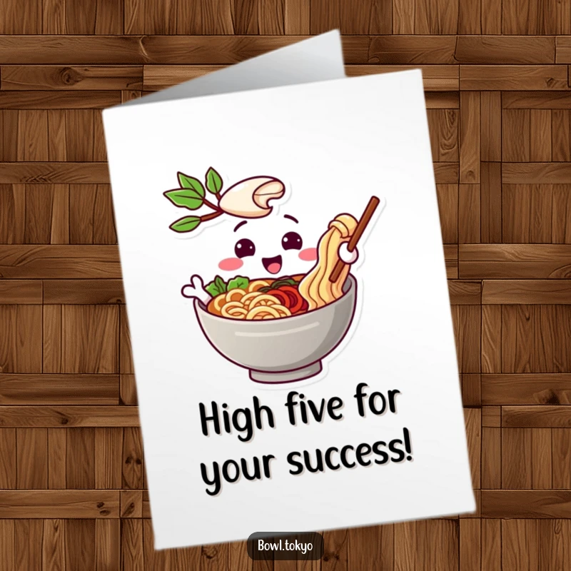 Funny free printable congratulations card showing a playful ramen bowl extending a noodle in a friendly gesture to celebrate.