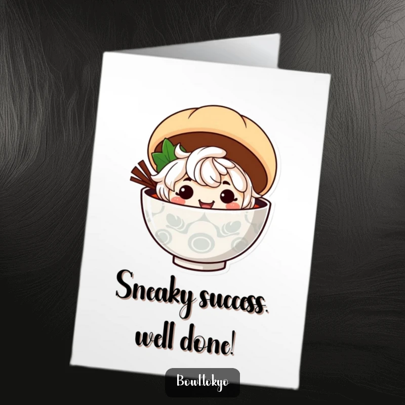 Funny Free Printable Congratulations Card: A ramen character with a sly grin peeks from behind a steamed bun, celebrating success!