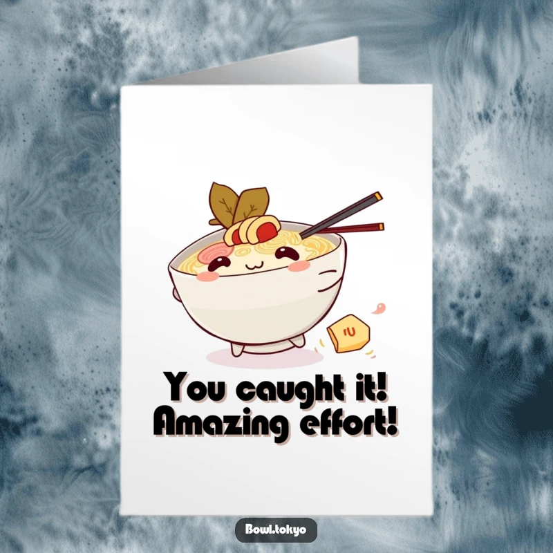 Funny Free Printable Congratulations card featuring a Kawaii ramen bowl character chasing a piece of nori.