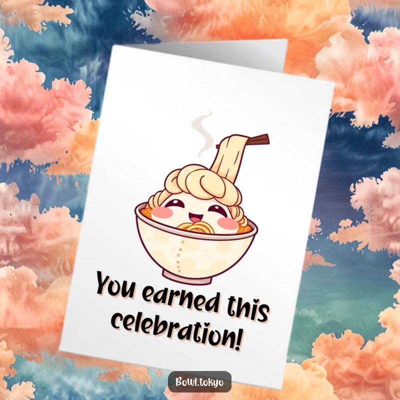 Funny free printable congratulations card showing a happy ramen bowl whose steam rises like cheerful, contagious laughter, celebrating a win.