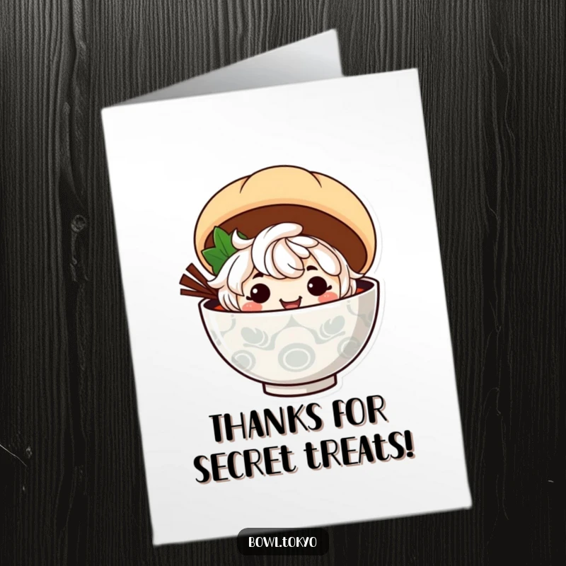 Funny Free Printable Thank You Card: A ramen character with a mischievous grin peeking from behind a steamed bun, saying thank you!
