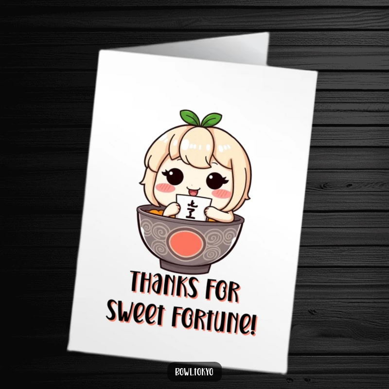 Funny Free Printable Thank You Card: A blushing ramen character happily holding a tiny fortune teller, conveying thanks!