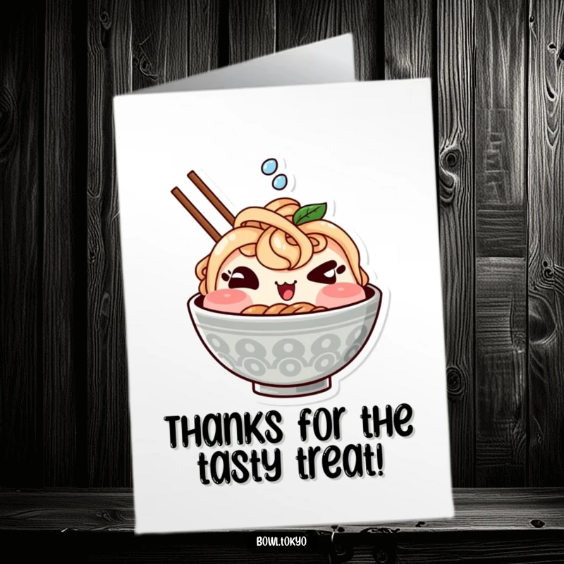 Funny Free Printable Thank You Card: A Kawaii ramen bowl character gives a mischievous wink while splashing.