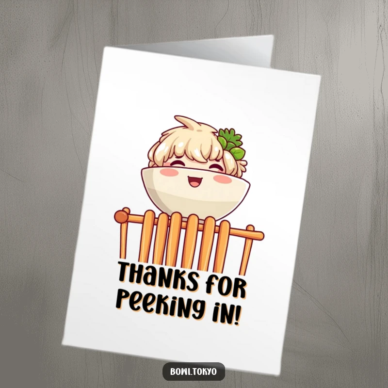 Funny Free Printable Thank You Card: A ramen bowl character joyfully peeking over chopsticks to express thanks.