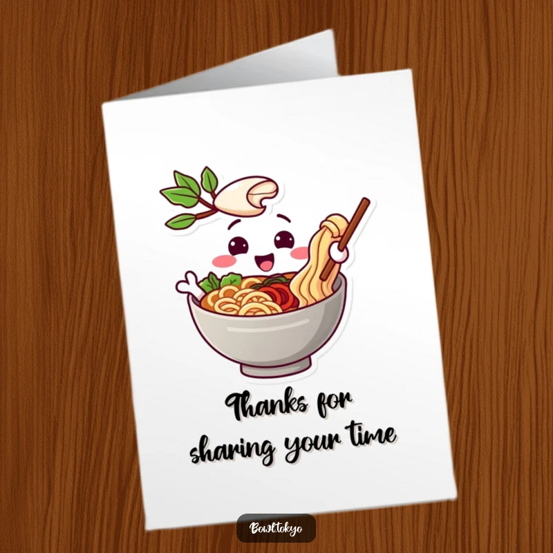 Funny free printable thank you card of a playful ramen bowl offering a noodle as a friendly gesture of gratitude.