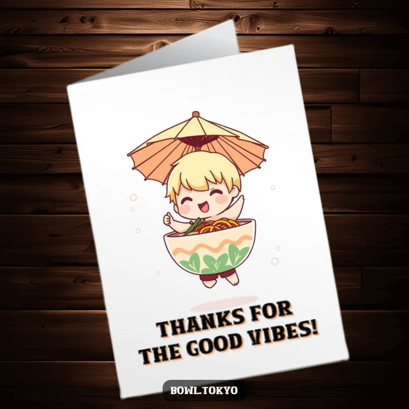 Funny Free Printable Thank You Card: A ramen character with a paper umbrella gracefully dances in a misty ambiance, conveying thanks!
