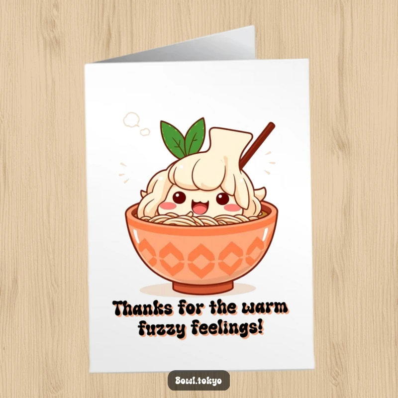 Funny Free Printable Thank You card: A Kawaii ramen bowl character sighs contentedly, surrounded by warm steam.