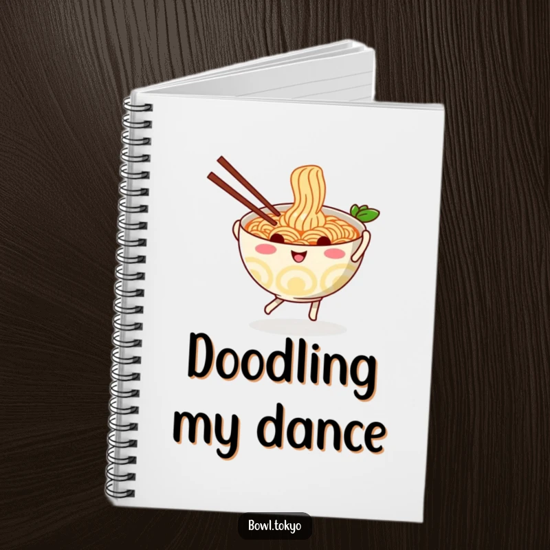 Funny playful ramen bowl notebook, featuring a dancing noodle character with chopsticks, for journaling and note-taking.