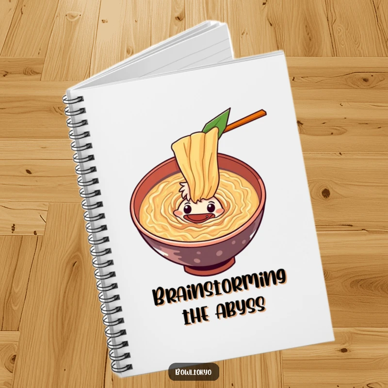 Funny curious ramen bowl notebook character peering into a swirling vortex of flavorful soup, a journal for intriguing thoughts.