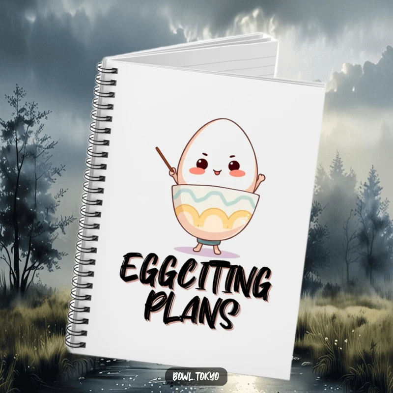 Funny Ramen Bowl Notebook, a determined character balancing a giant egg, ideal for planning and notes.