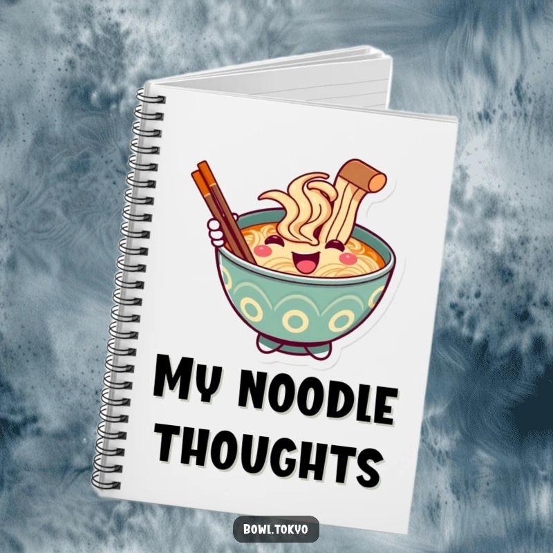 Funny Ramen Bowl Notebook, a smiling character offering a chopstick greeting, ideal for writing and planning.