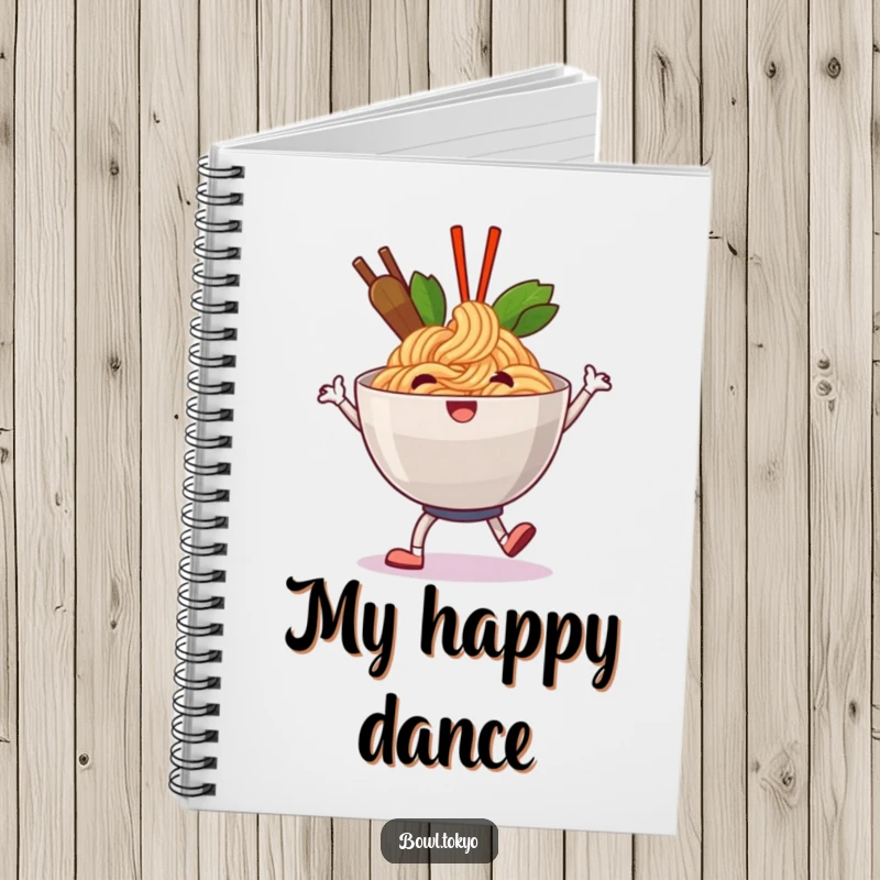 Funny happy ramen notebook with a noodle bowl character doing a jolly shuffle, ideal for positive notes.