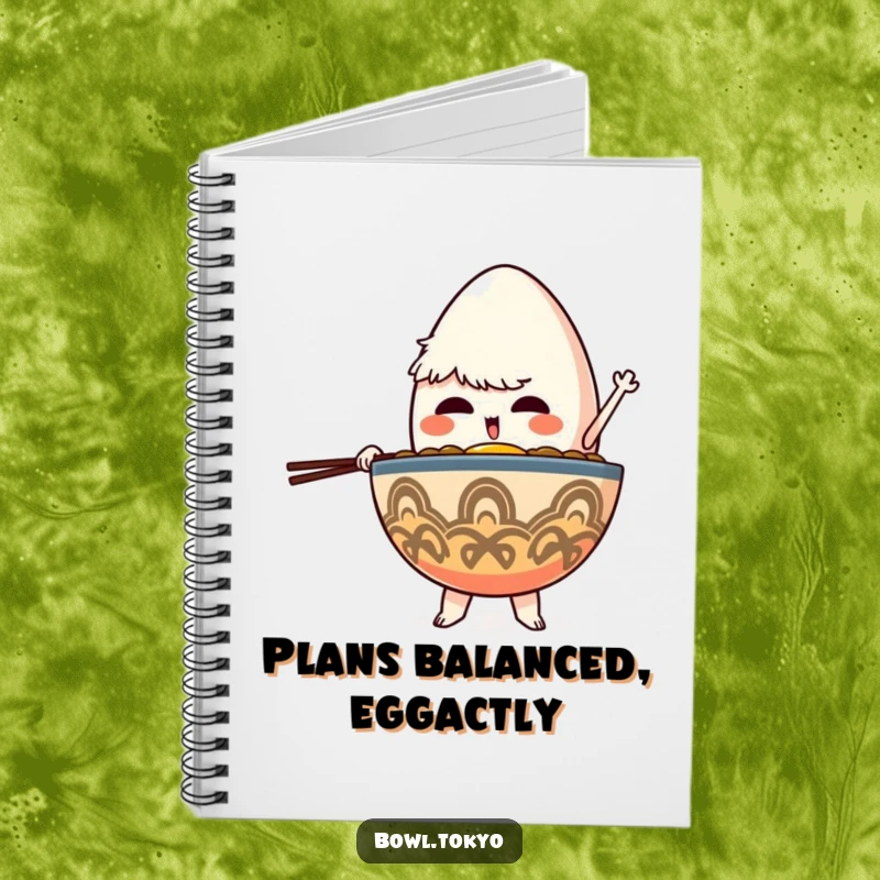 Funny Journal Ramen Bowl Notebook featuring a determined character balancing a giant egg, perfect for capturing focused thoughts.
