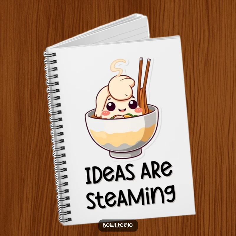 Funny Ramen Bowl Notebook, a cute character with happy steam, ideal for journaling and note-taking.