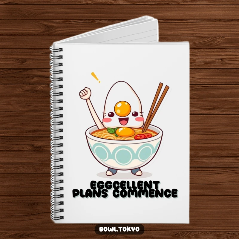 Funny Kawaii ramen bowl notebook, character holding a perfect egg, inspiring quotes, foodie humor, stationery gift.