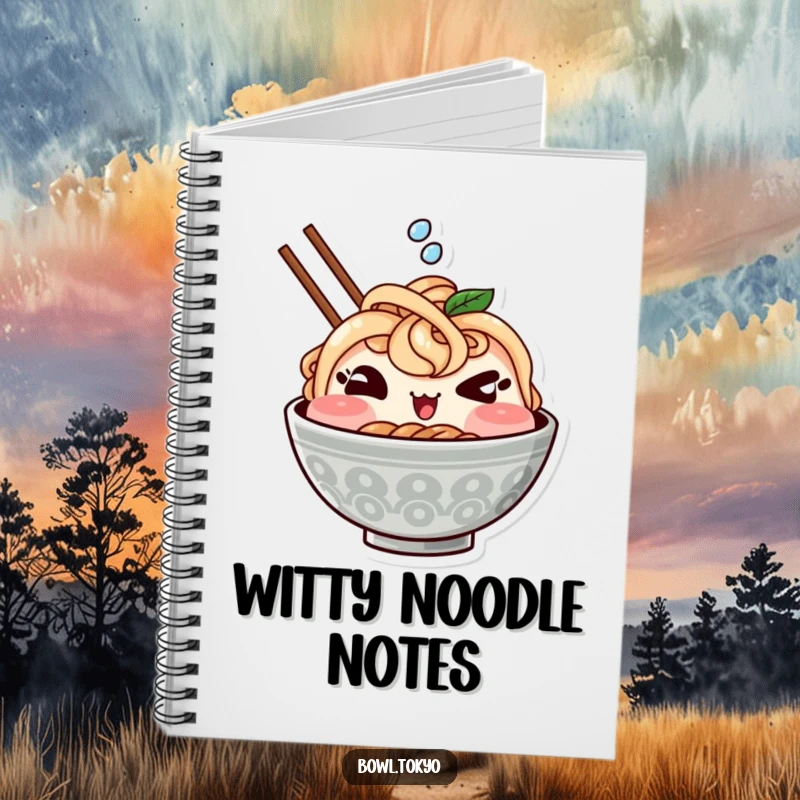 Funny notebook with a cute Kawaii ramen bowl character winking mischievously and splashing, ideal for jotting down foodie ideas.