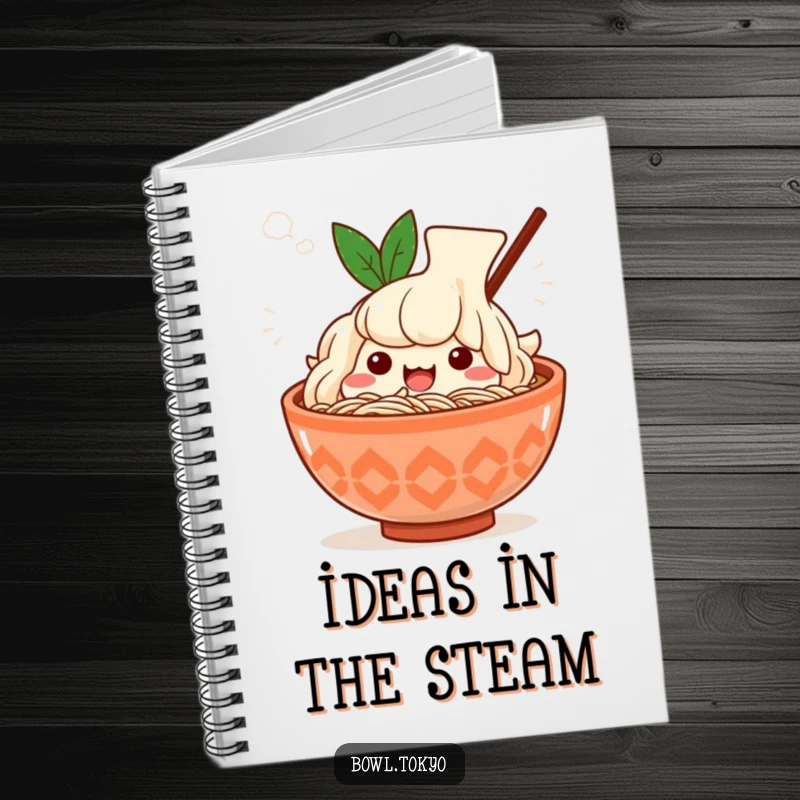 Funny Kawaii ramen bowl notebook, character sighing happily, steam effect, foodie humor, stationery gift.