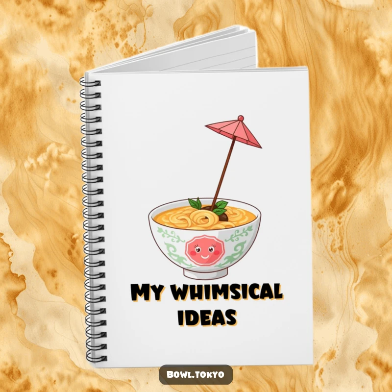 Funny ramen bowl with a tiny umbrella, happily twirling, a lined notebook for jotting down playful and humorous thoughts.