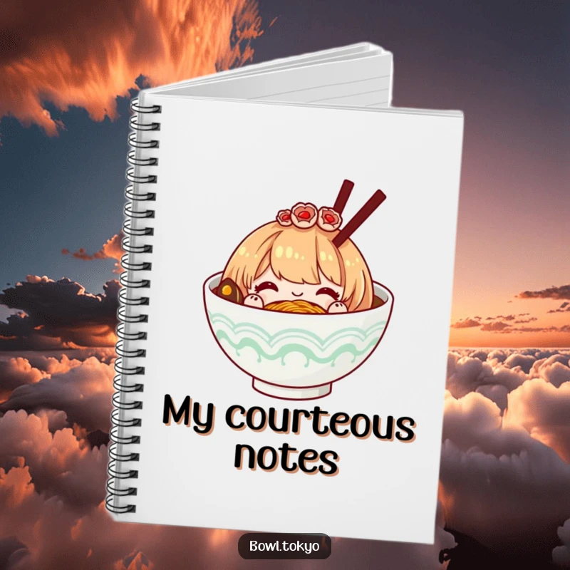 Funny ramen bowl with a decorative hairpiece, bowing politely, a lined notebook for jotting down classy and humorous thoughts.