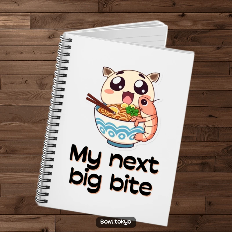 Funny ramen bowl character with excited eyes devours a giant shrimp on the cover of this notebook.
