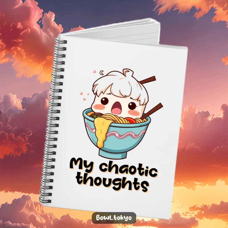 Funny Ramen Bowl Notebook, a surprised character with noodles splashing out, ideal for journaling.