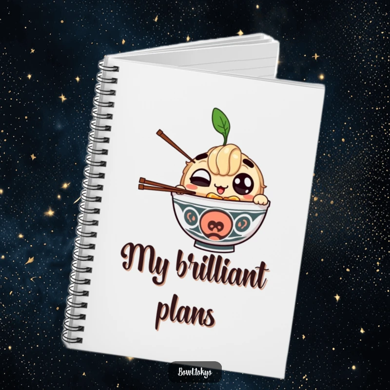 Funny notebook with a winking ramen bowl character juggling chopsticks, perfect for jotting down notes with a humorous twist.