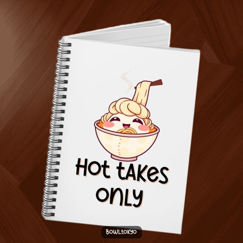 Funny notebook cover showcasing a smiling ramen bowl character with steam rising in wisps that suggest hearty, delightful laughter.