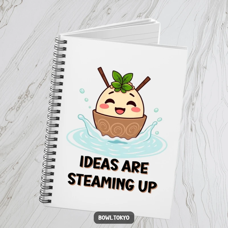 Funny notebook with a smiling ramen bowl character splashing in a hot spring, perfect for jotting down notes humorously.