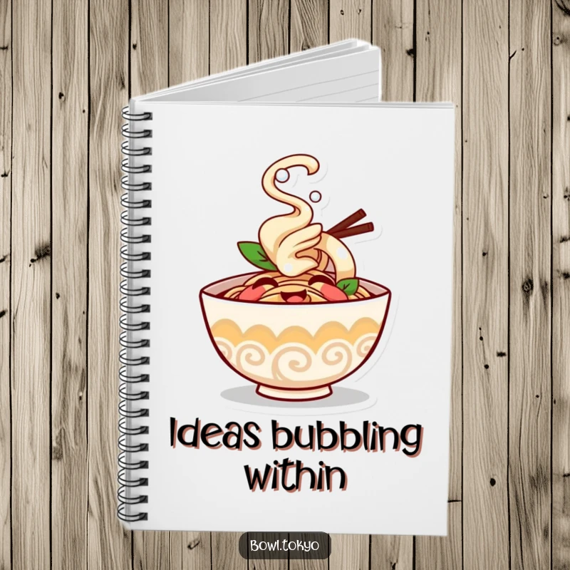 Funny ramen bowl notebook character giggling with steam puffing happily, a delightful and humorous stationery item.