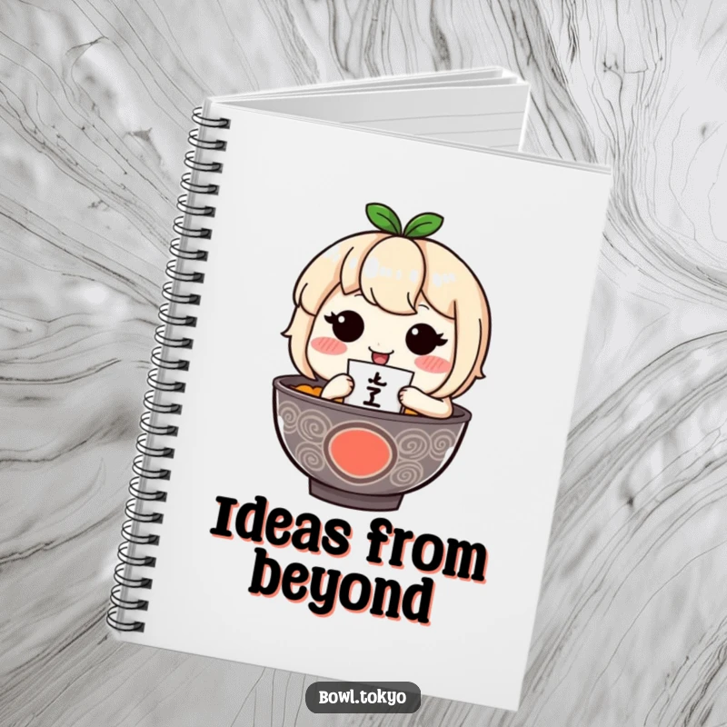 Funny ramen bowl character with blushing cheeks holds a small fortuneteller on the cover of this notebook.