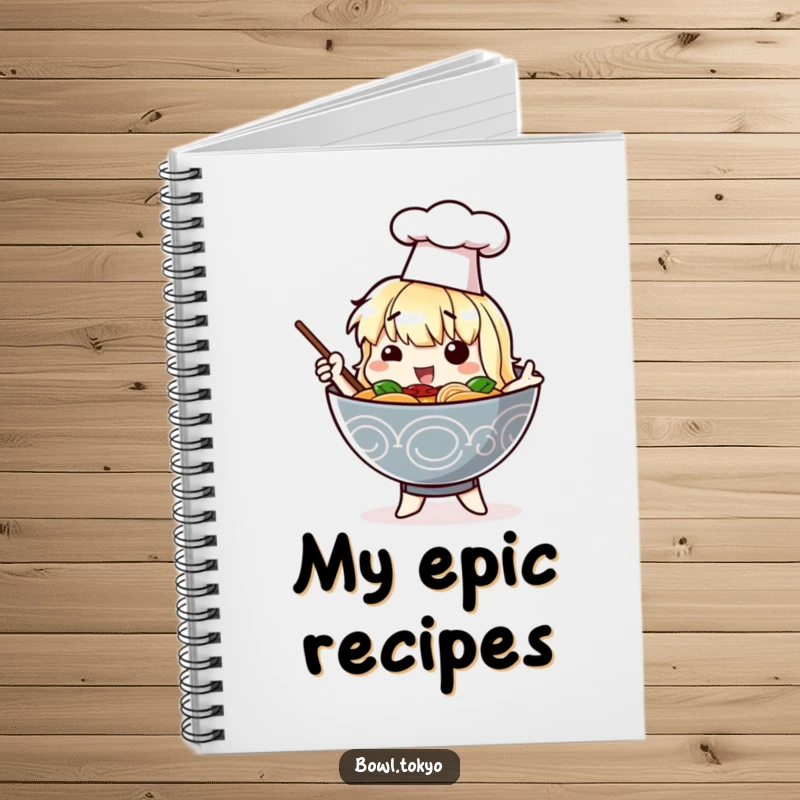 Funny notebook with a ramen bowl character in a chef hat posing dramatically, perfect for jotting down notes with culinary flair.