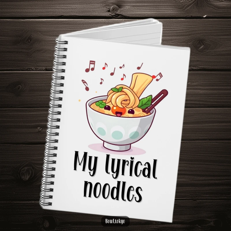 Funny musical ramen notebook with a noodle bowl character and musical notes, ideal for notes and lyrics.