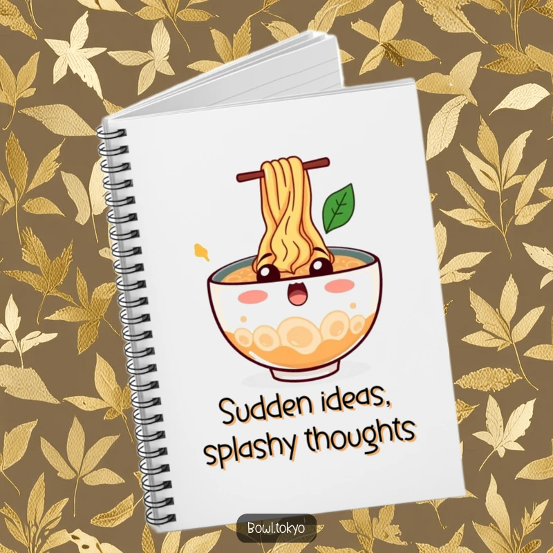 Funny Idea Ramen Bowl Notebook featuring a surprised character with noodles splashing out, perfect for capturing surprising thoughts.