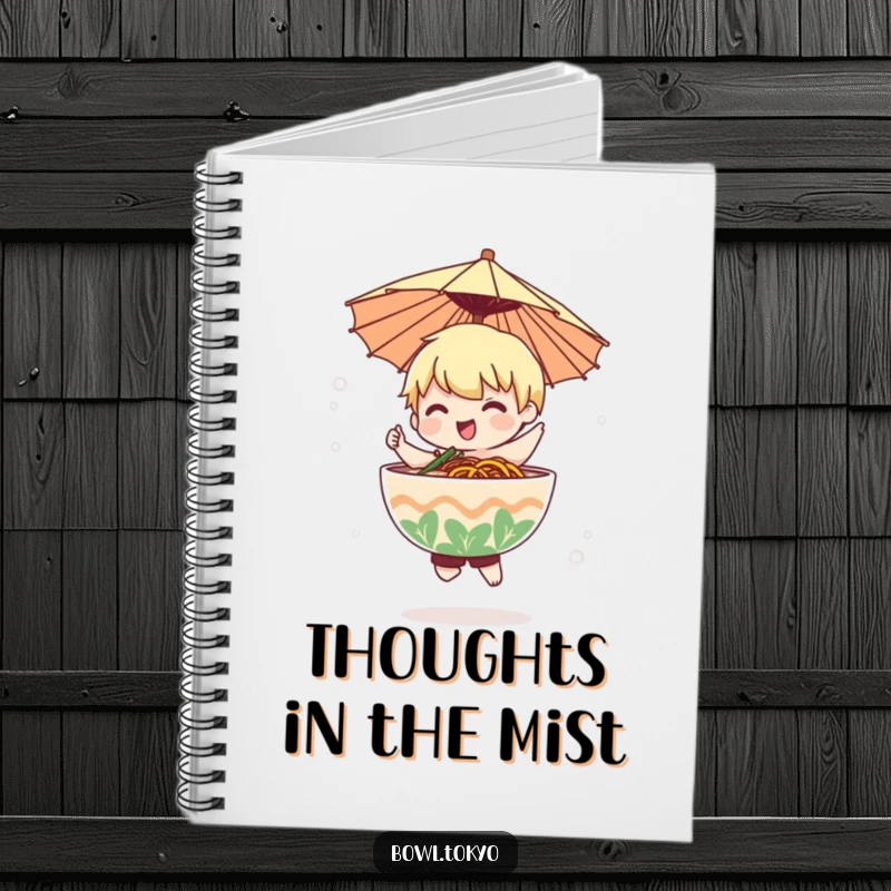 Funny ramen bowl character with a paper umbrella dances in a gentle mist on the cover of this notebook.