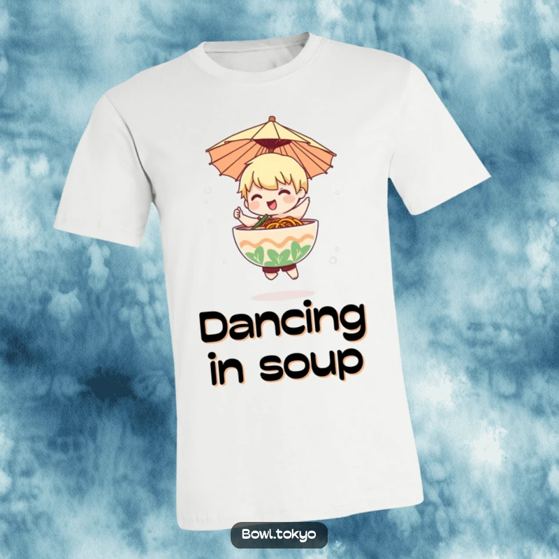 Funny ramen bowl character with a small paper umbrella joyfully dances in a light mist on this t-shirt.