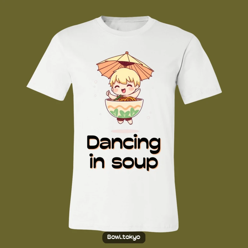 Funny Ramen Mist Dancer T-Shirt: Whimsical Noodle Character Umbrella Art Gift