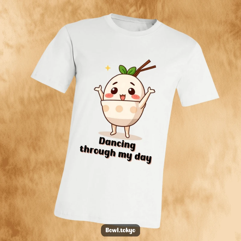 Funny Cute Ramen Bowl T-Shirt depicting an anthropomorphic character performing a hilarious, silly dance with pure joy.