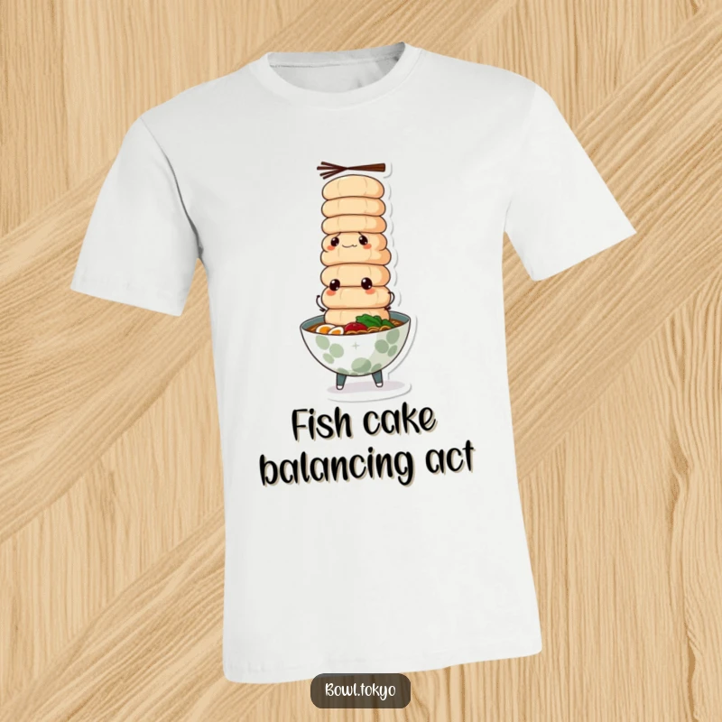 Funny ramen bowl character t-shirt, looking determined, expertly balancing a stack of fish cakes, a true food art.
