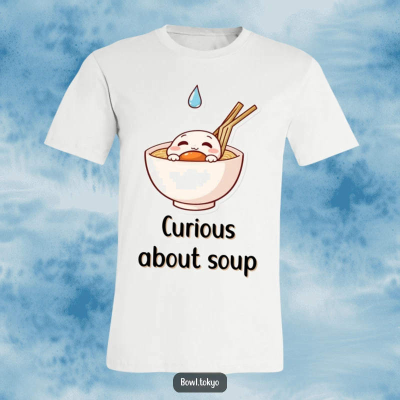 Funny curious ramen t-shirt depicting a noodle bowl character peeking at a floating droplet, great for observant people.