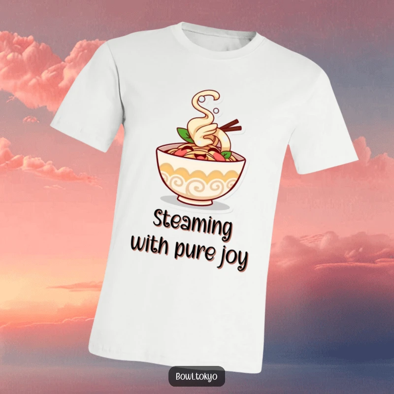 Funny ramen bowl t-shirt character giggling with steam puffing happily, a comfortable and humorous apparel choice.